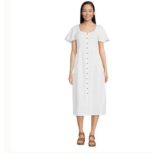 Women's Petite Linen Sweetheart Button Front Midi Dress Flutter Sleeve Small - Picture 1 of 10